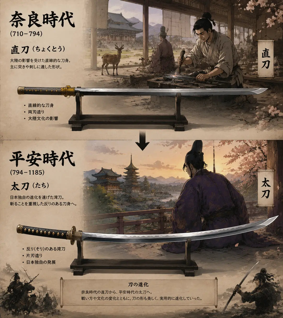 Japanese sword evolution from a straight blade to a curved katana