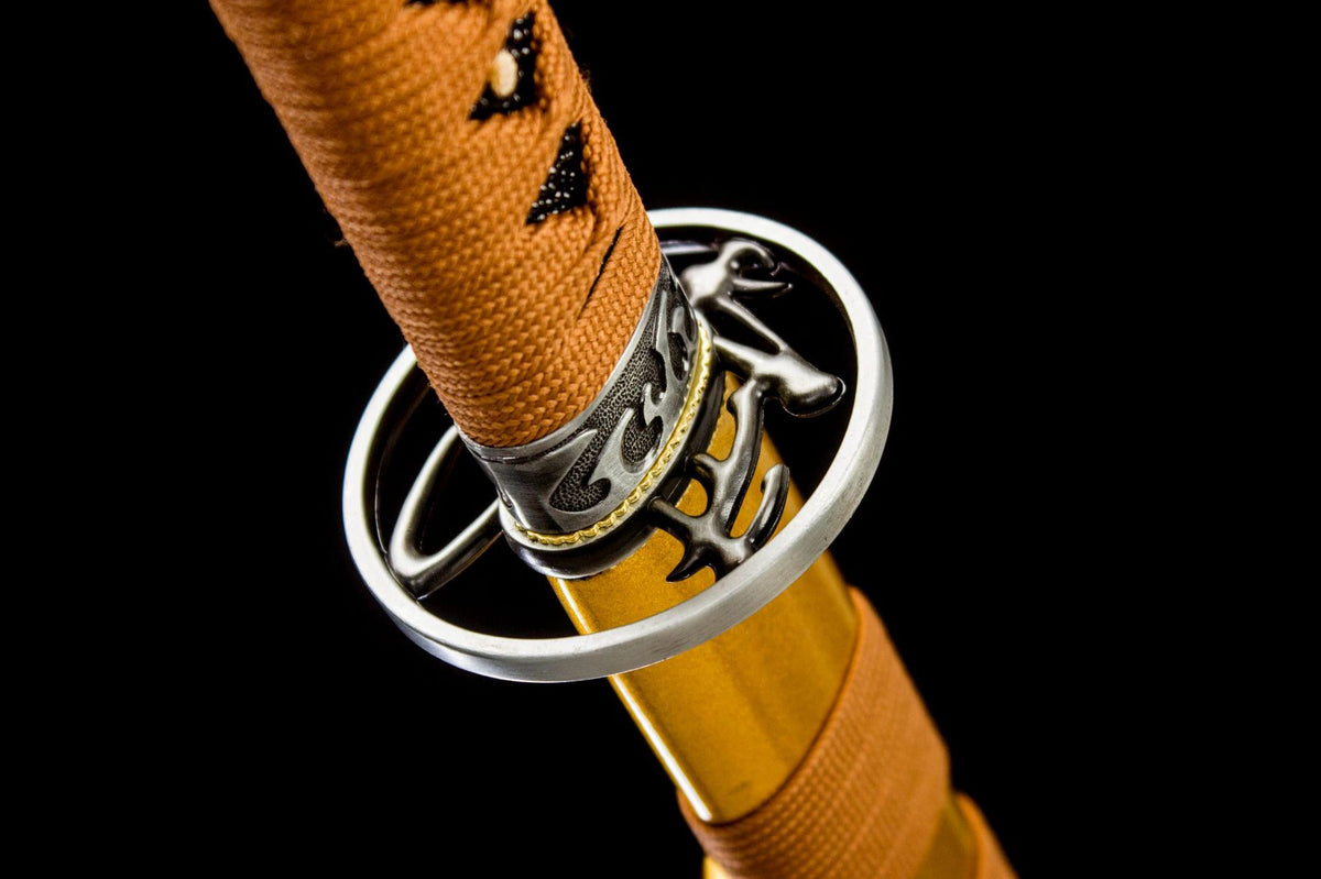 Aureate Koi Katana showing the decorated blade and yellow saya