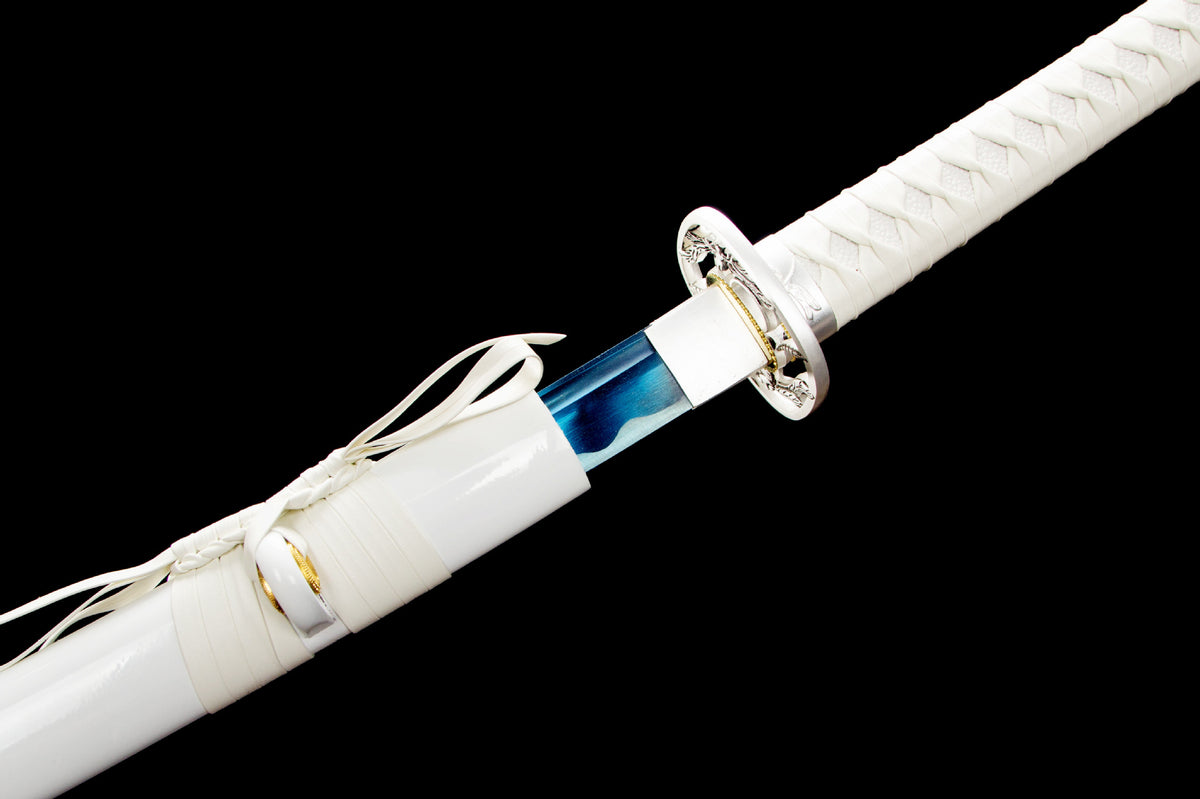 White Tide Katana showing the white handle and polished blade