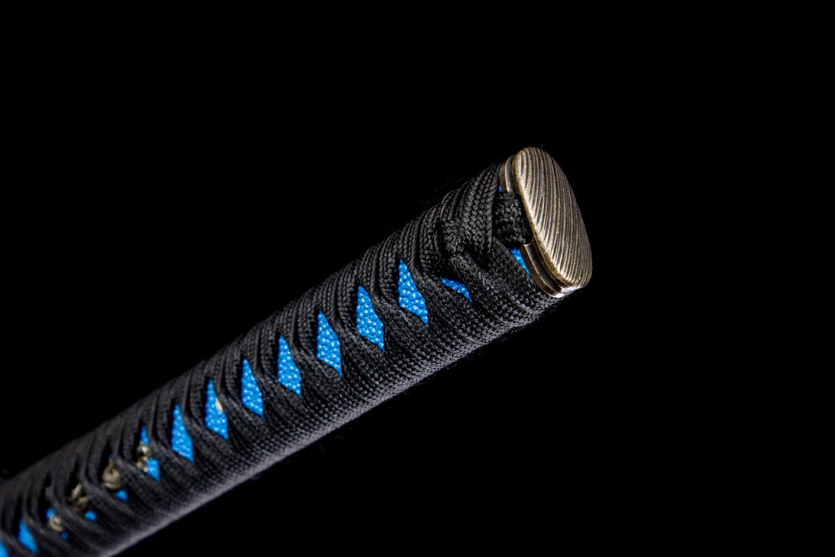 The Cobalt Shadow Katana with the cobalt-toned mounting details