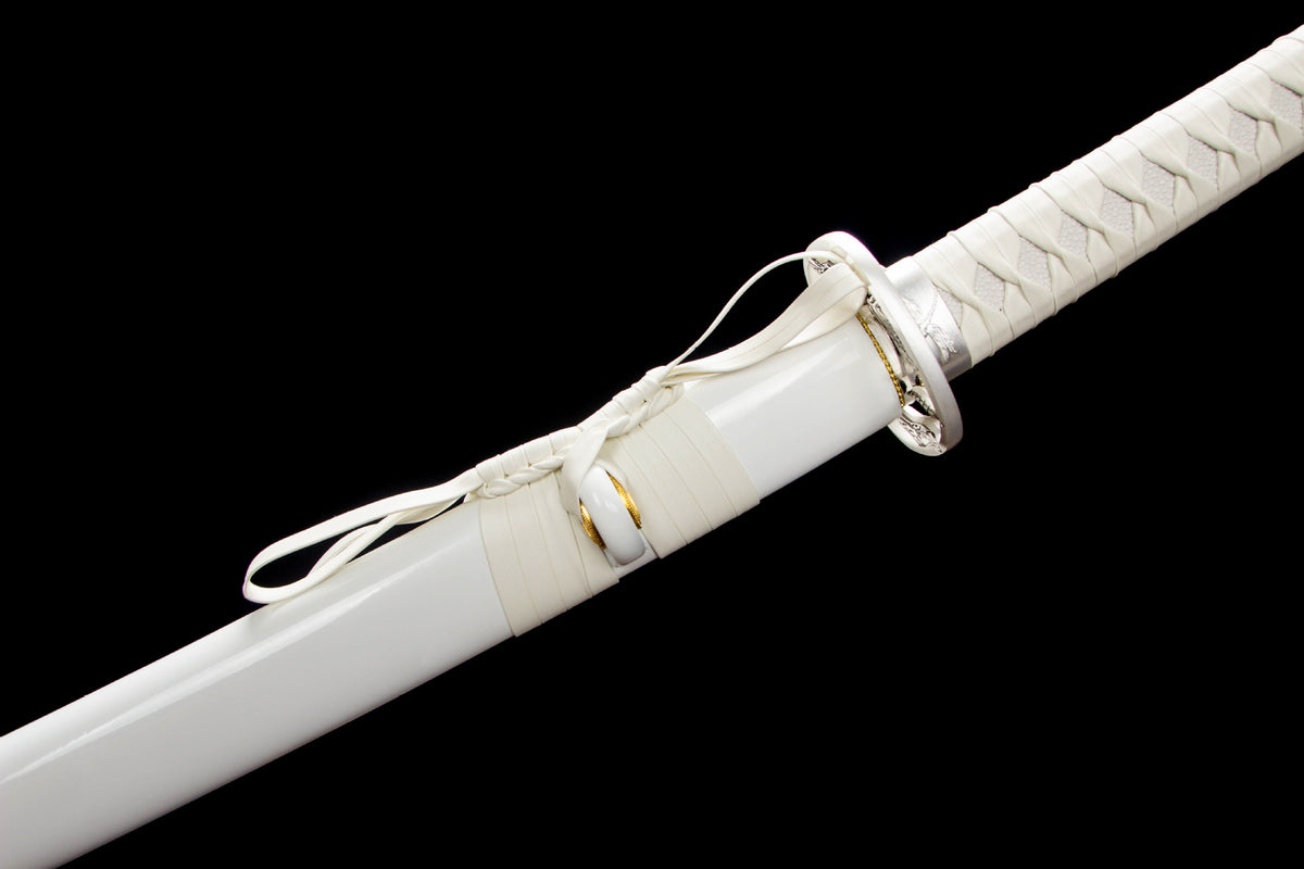 White Tide Katana showing the handle wrap, blade collar, and fittings