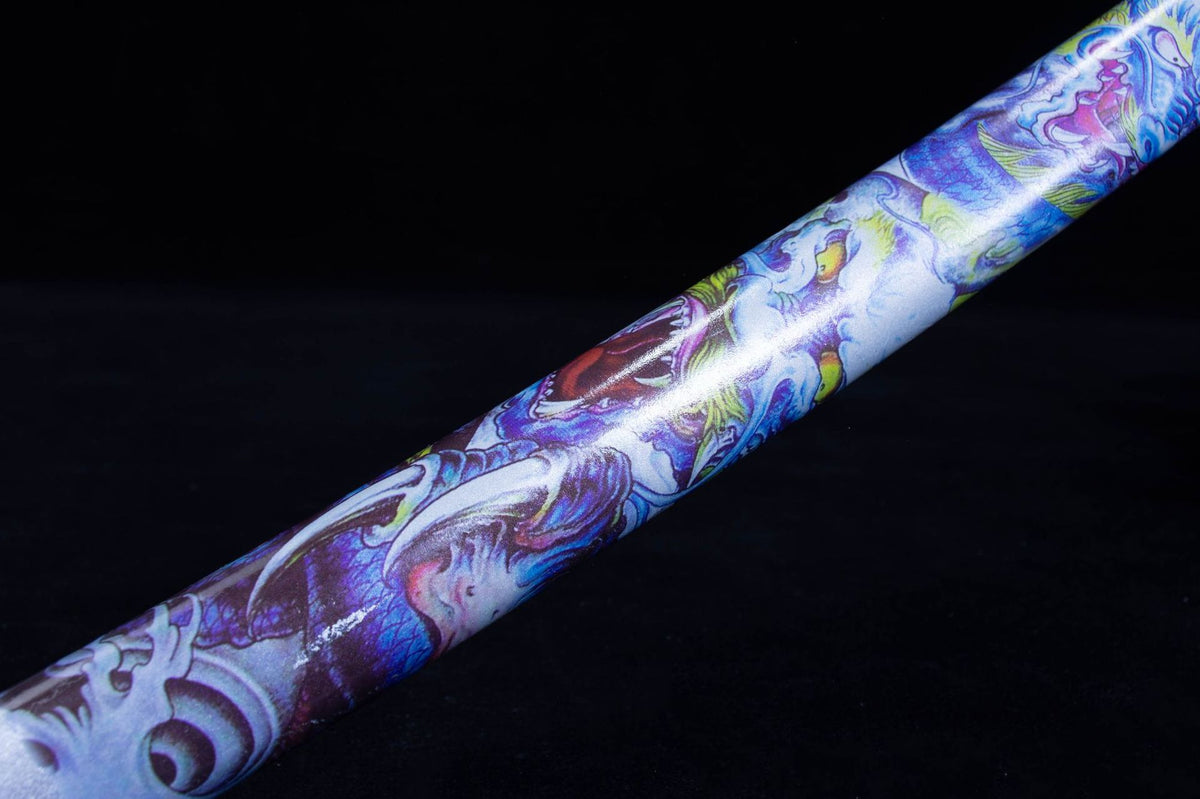 Silver Cloud Katana showing the silver blade, dark handle, and illustrated saya