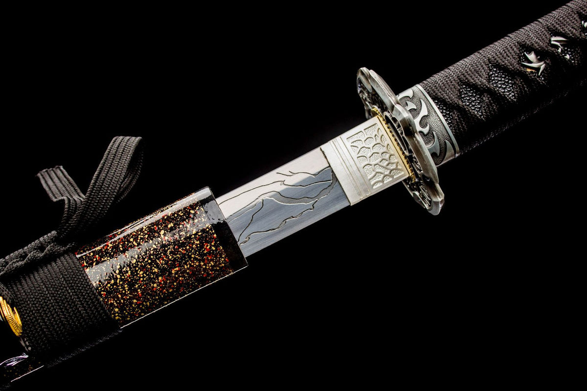 Close-up detail of the Moonlit Dragon Katana, including the black and gold handle wrap