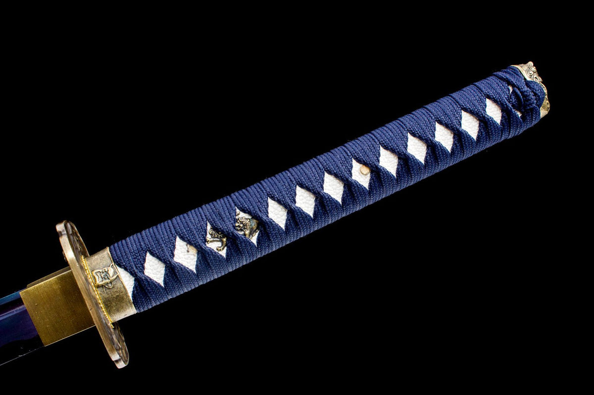 Detail view of the Indigo Frost Katana, showing the blue-toned blade and navy handle