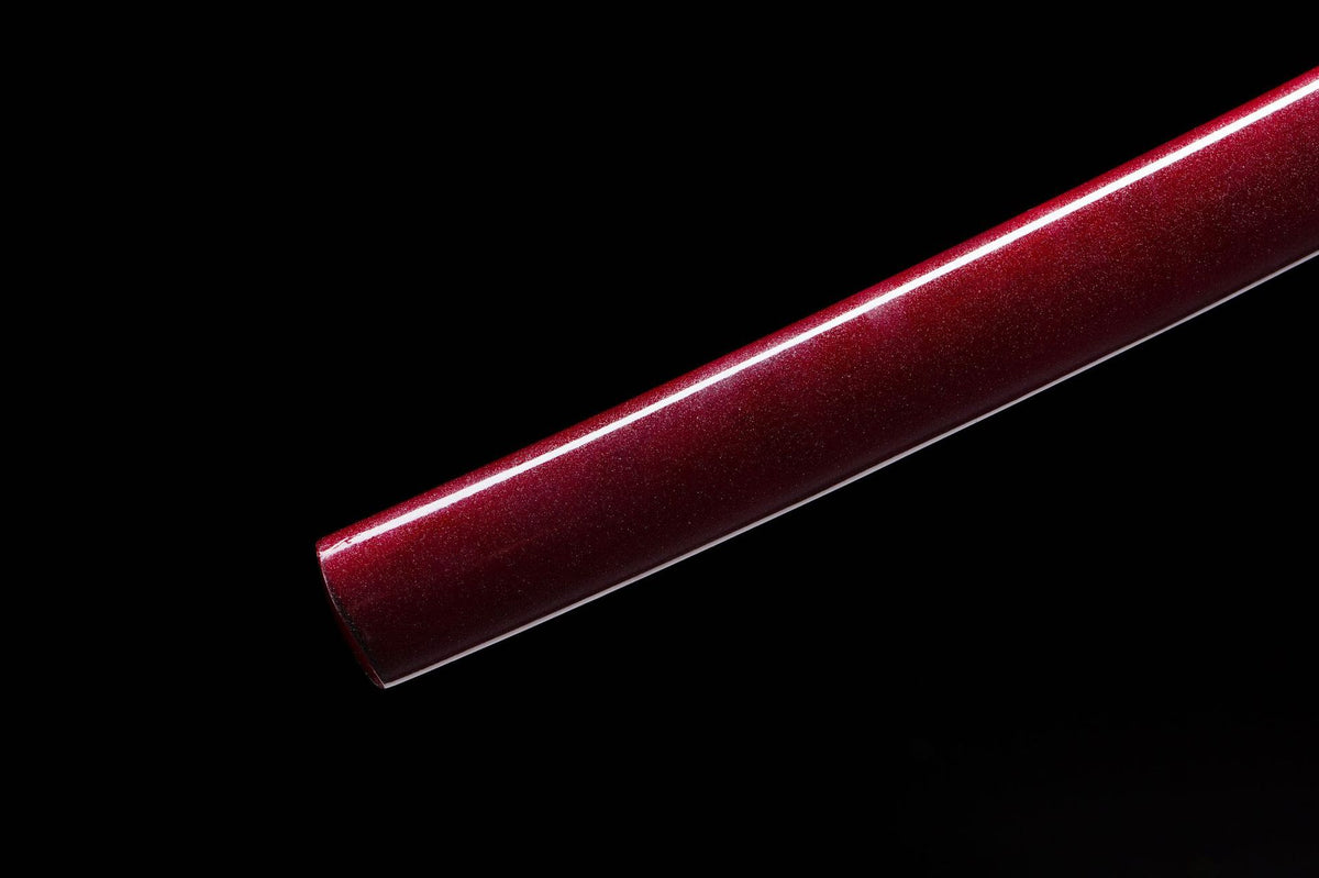 Red lacquer saya with black sageo on the Cinnabar Katana