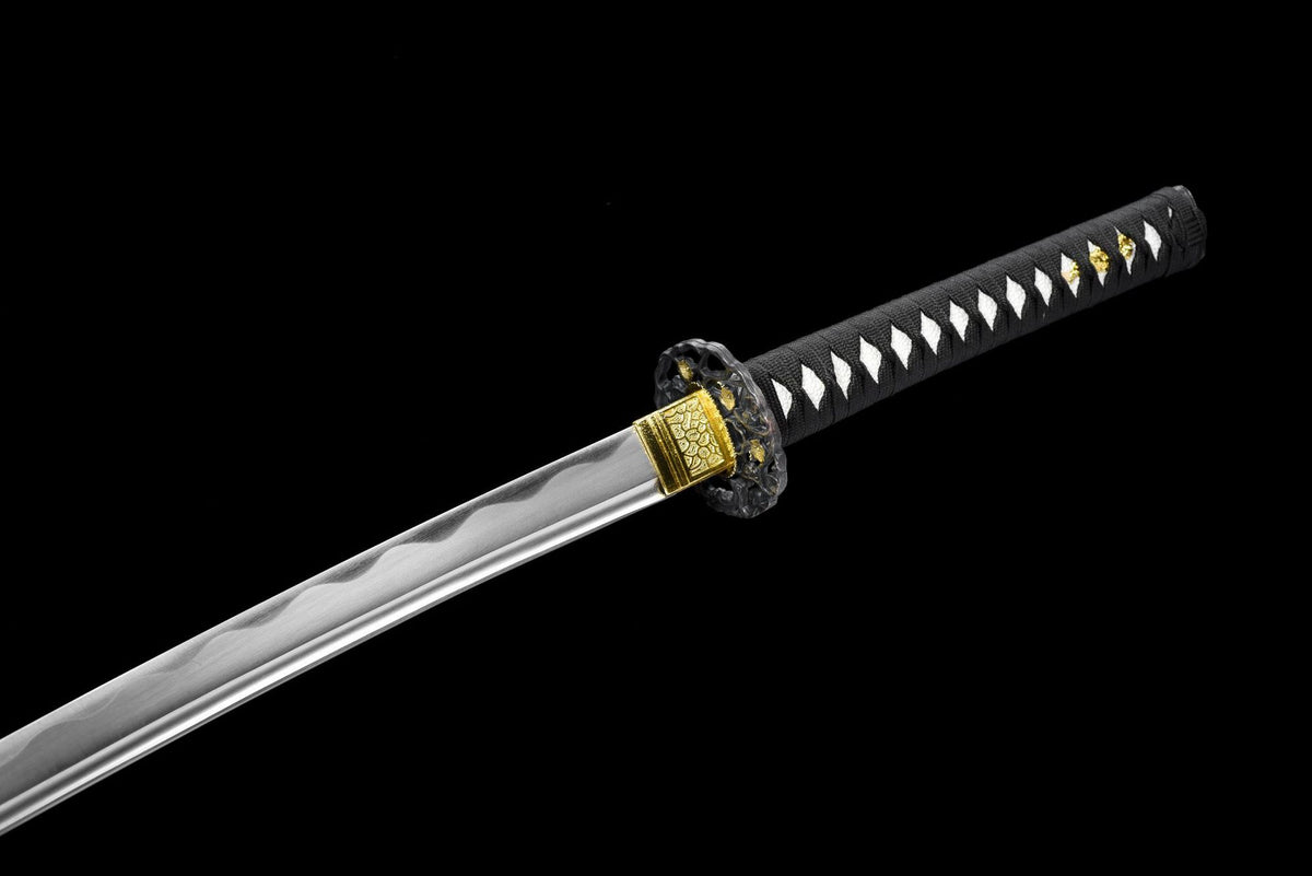 Kuro Katana black cord-wrapped handle with white textured panels and gold-tone accents