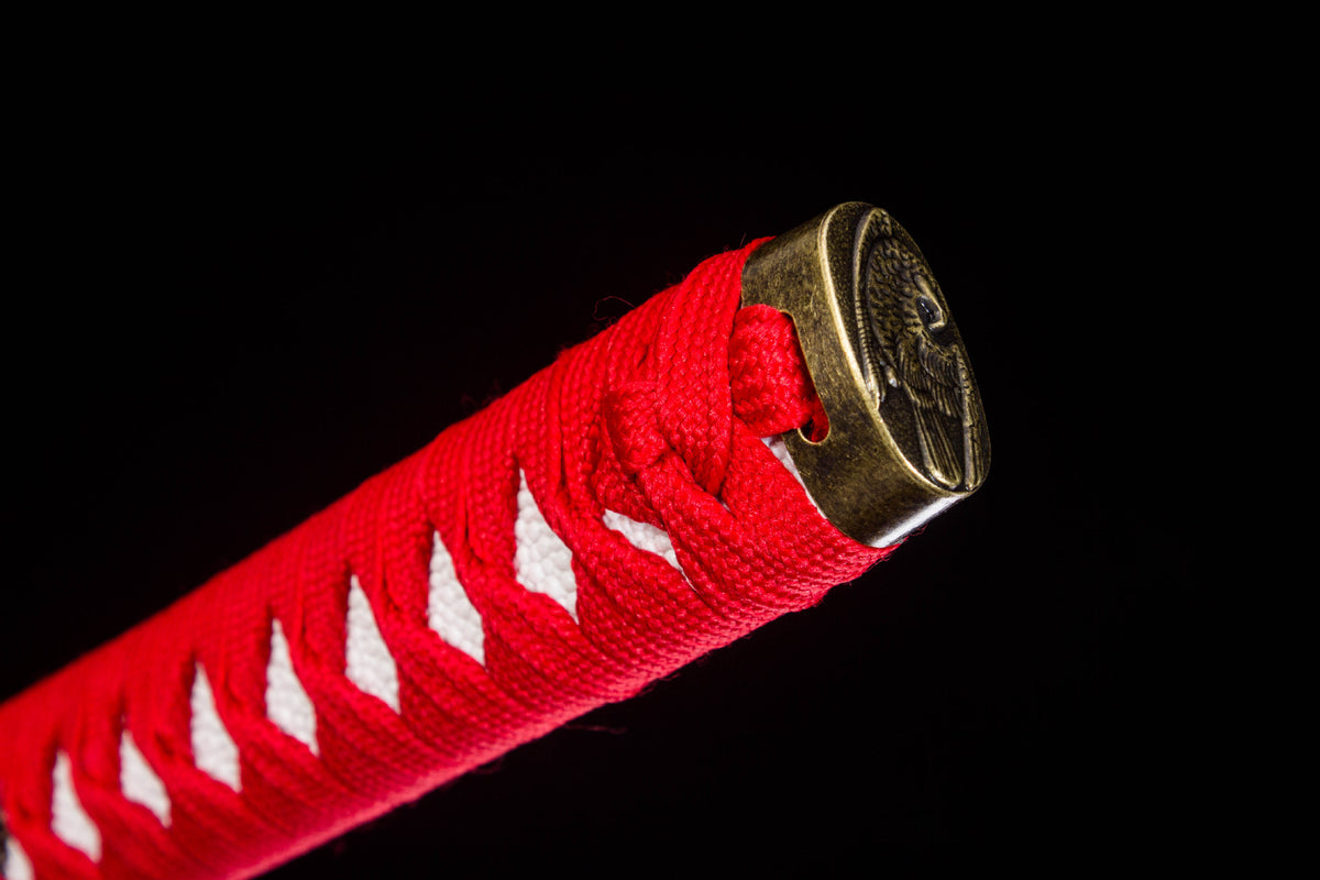 The Crimson Crackle Katana, showing the red crackle-textured saya
