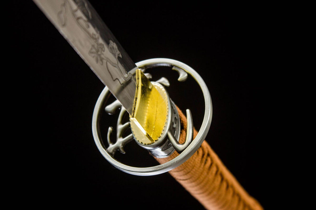 Aureate Koi Katana showing the yellow lacquered saya and orange handle wrap