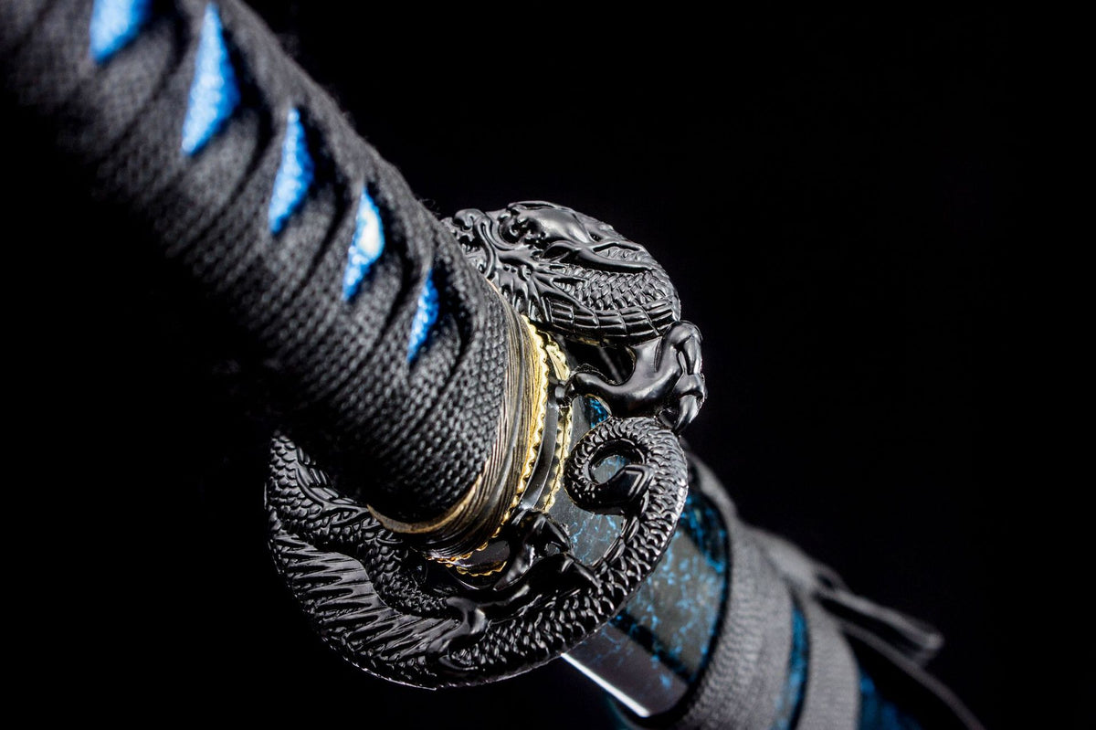 Close-up detail of the Cobalt Shadow Katana, including the dark blade surface and hilt