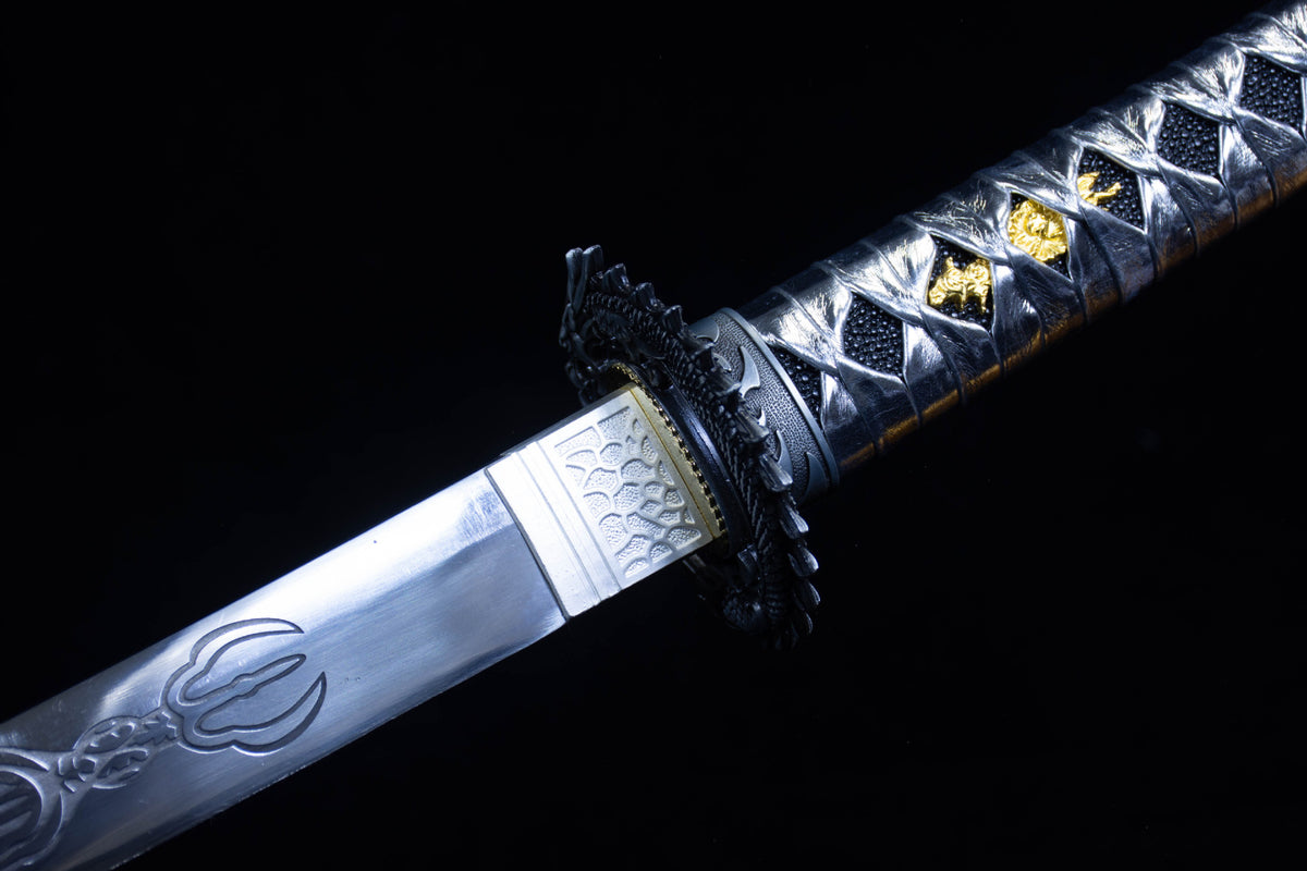 Silver Cloud Katana showing the silver-toned fittings and colorful dragon artwork
