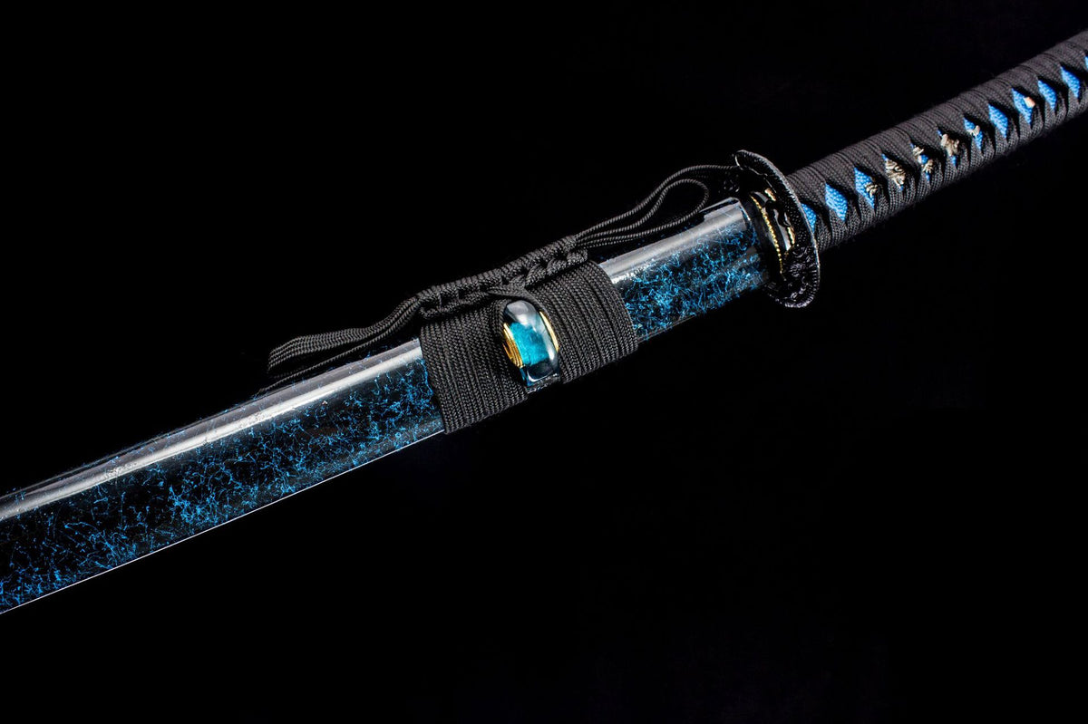 The Cobalt Shadow Katana with the cobalt-toned mounting details