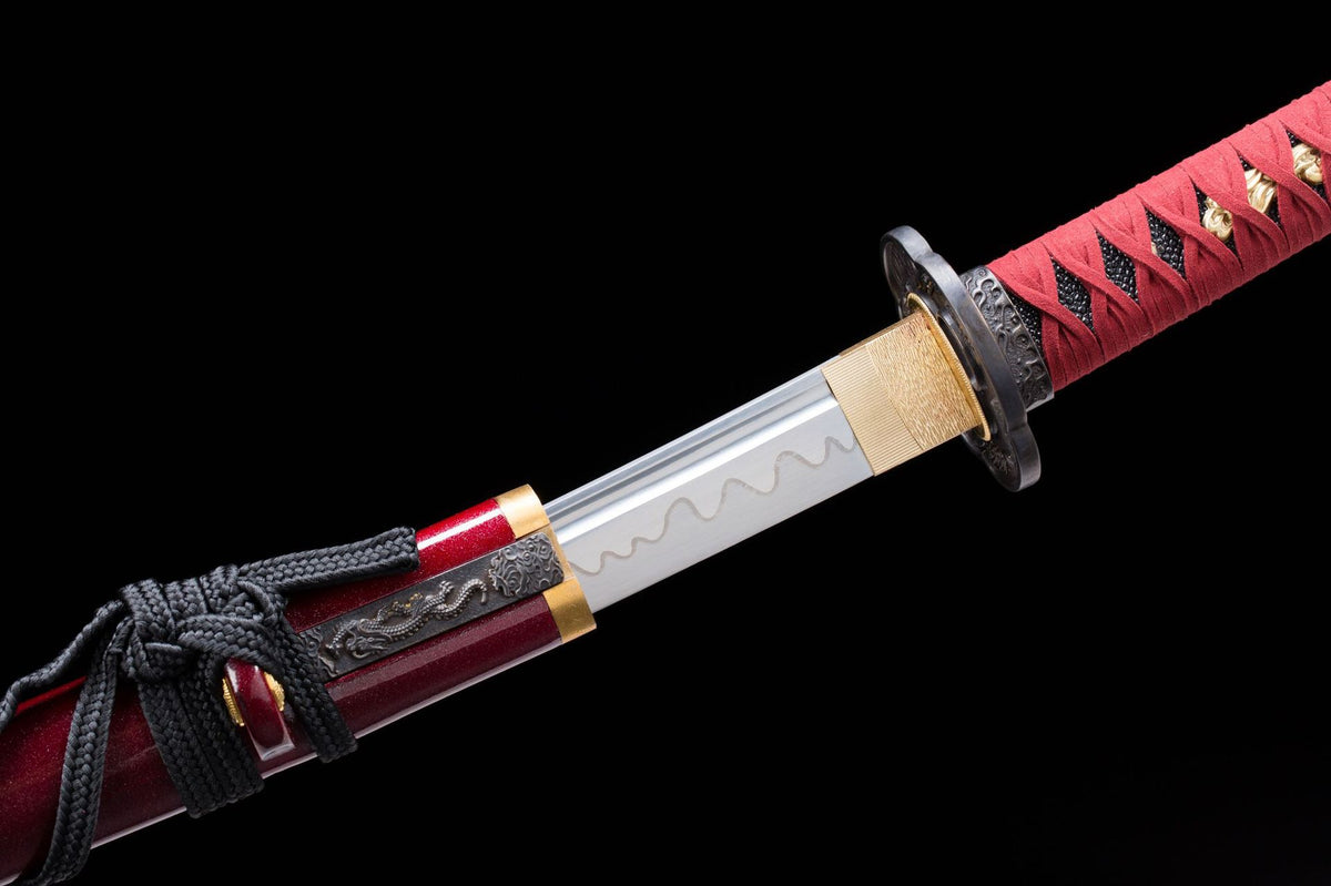 Bo-hi and wavy hamon visible along the Cinnabar Katana blade