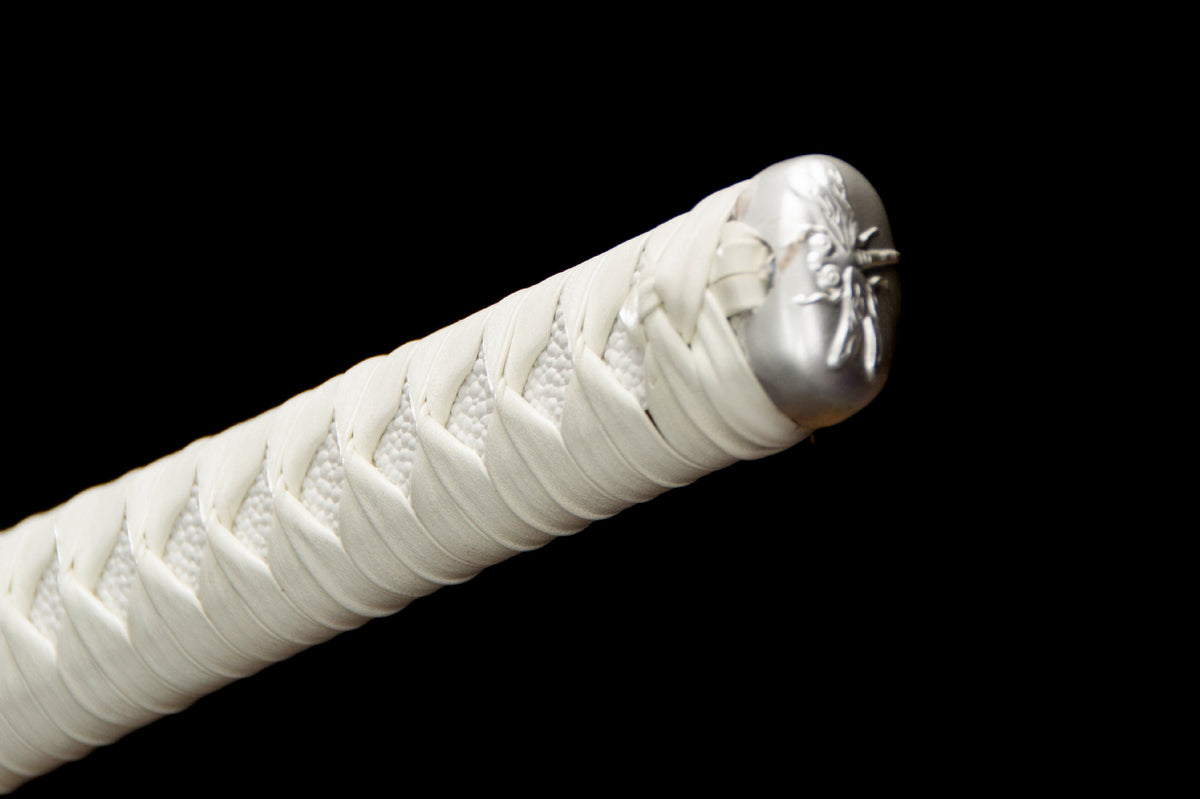 White Tide Katana showing the white saya and blue-finished blade