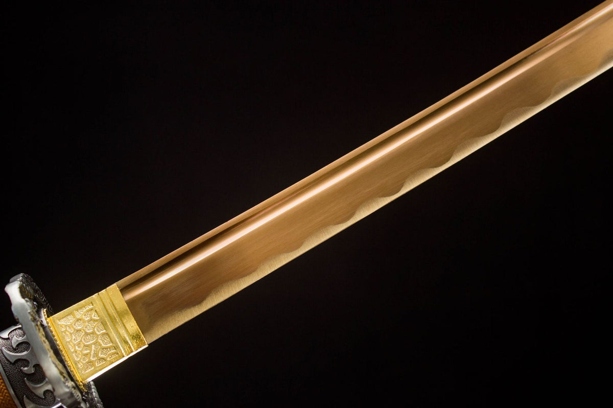 Tan cord-wrapped handle over black underlayer with alloy fittings