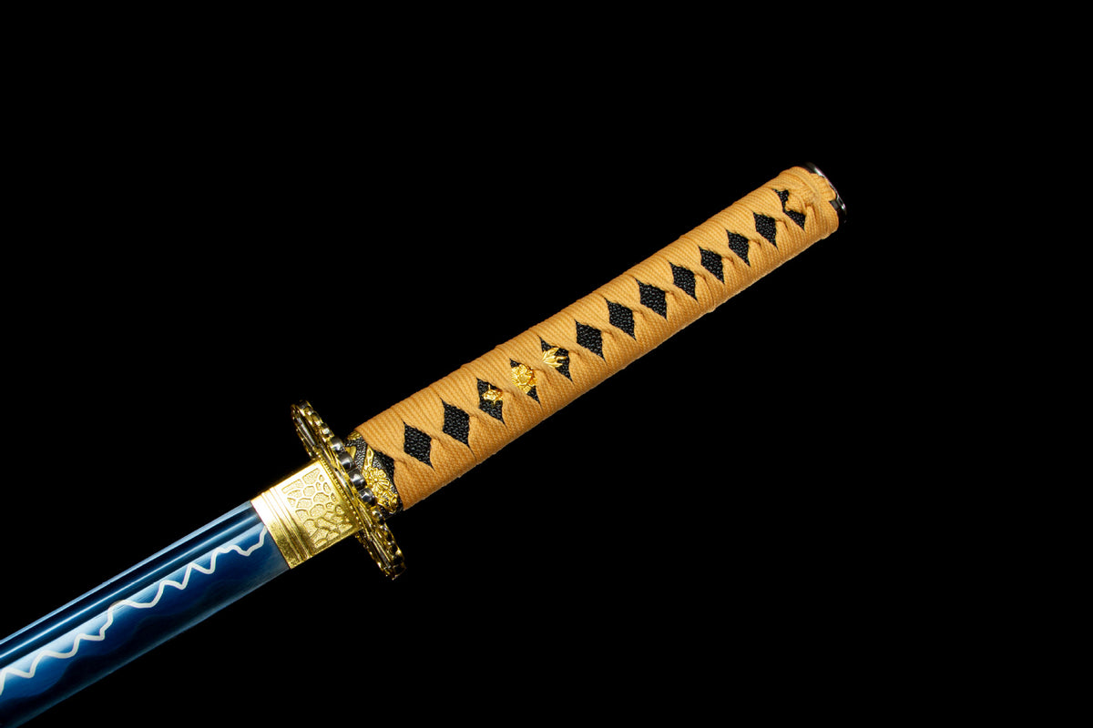 The Indigo Lightning Katana with the bright irregular blade line