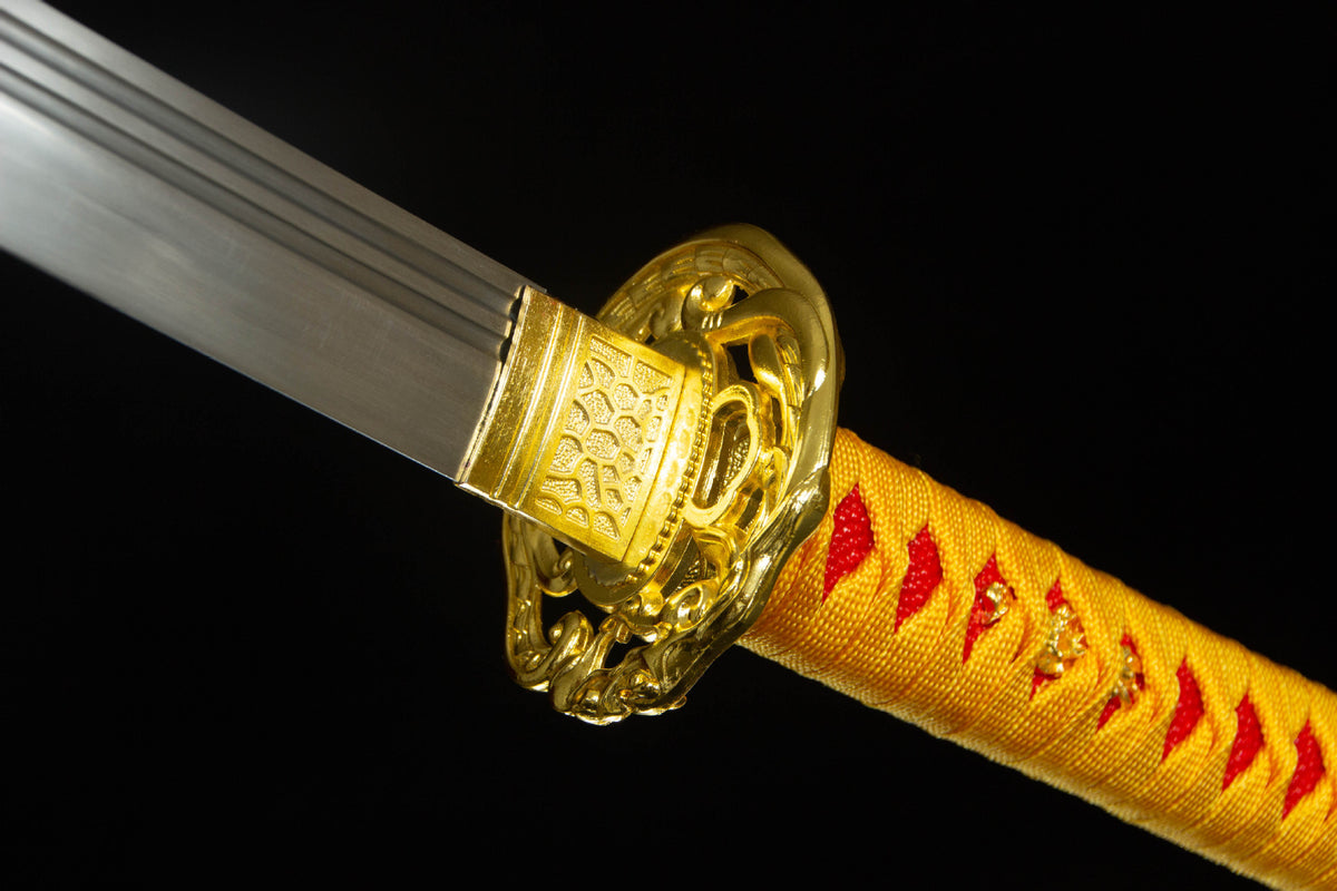 The Twin Rivers Katana, showing the orange handle wrap and guard