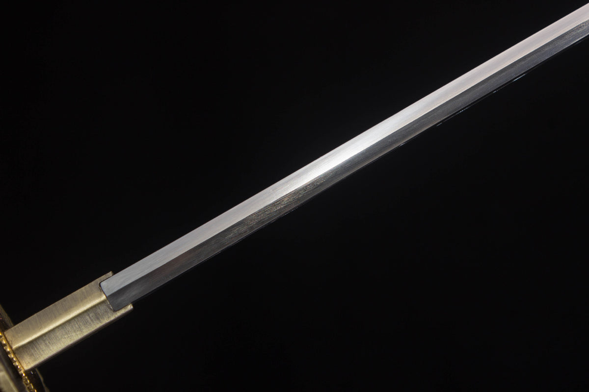Close-up of the Crimson Crackle Katana’s polished blade and gold-toned blade collar