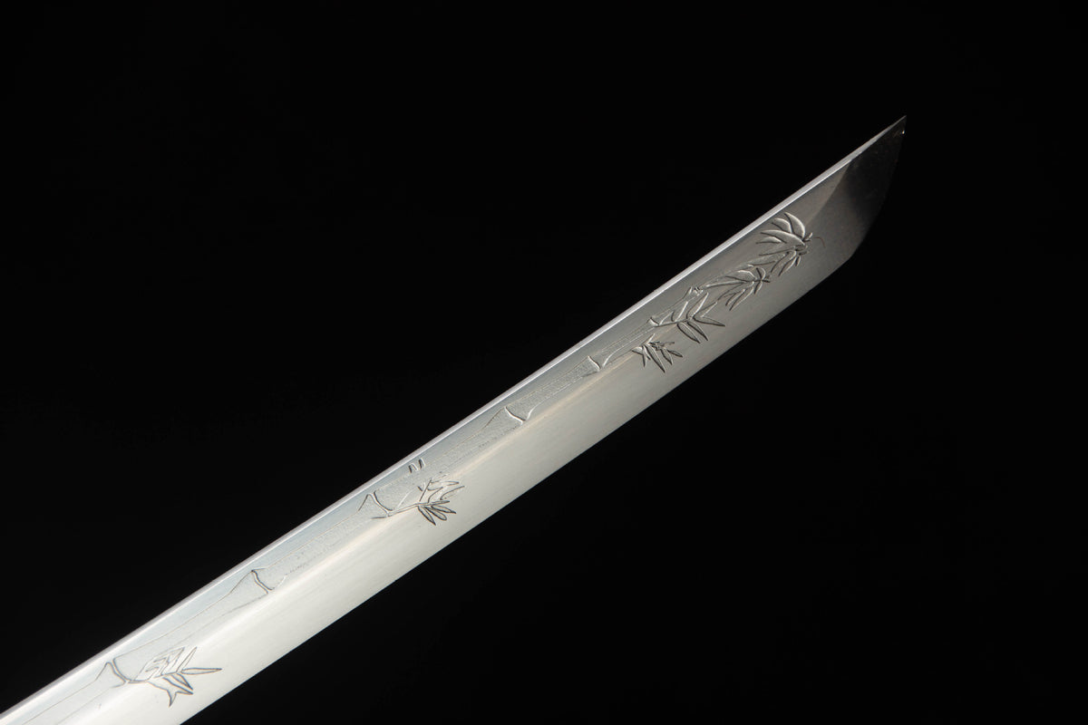 The Turquoise Pearl Katana, showing the engraved blade details