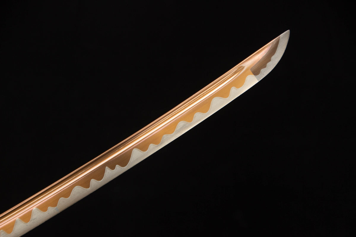 Close-up detail of the Golden Pearl Katana, including the gold handle wrap and fittings