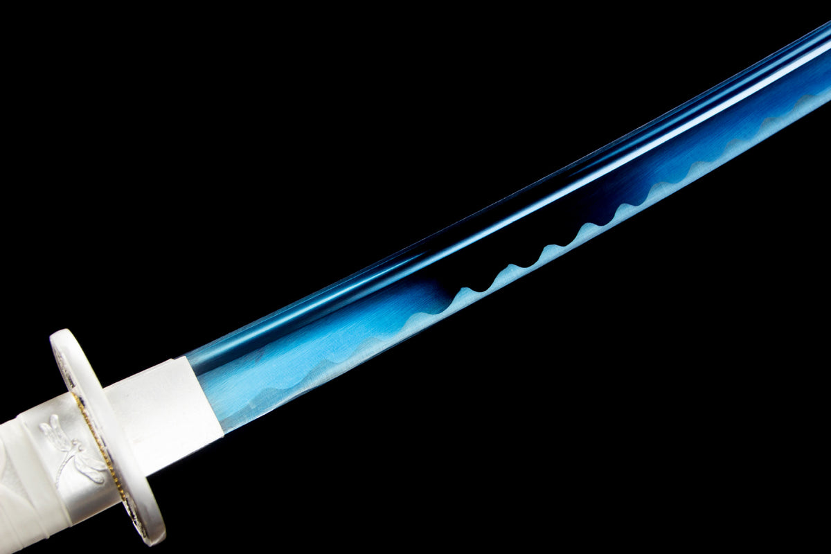 White Tide Katana showing the white lacquered saya and blue blade