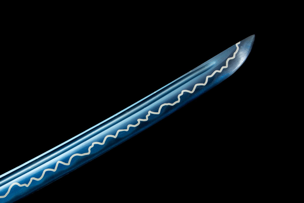 Close-up detail of the Indigo Lightning Katana, including the colorful illustrated saya