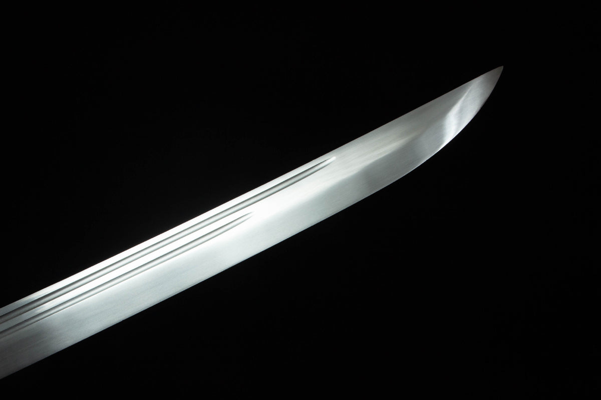 Detail view of the Twin Rivers Katana, showing the twin bo-hi in the blade