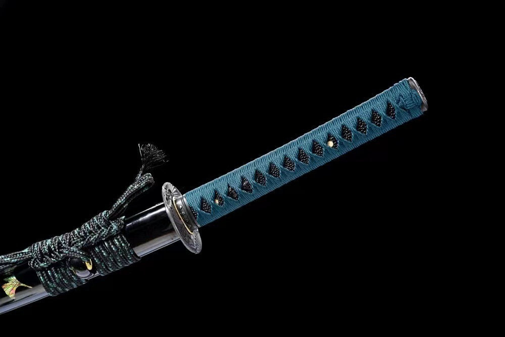 The Garden at Dusk Katana, showing the black saya with botanical motifs