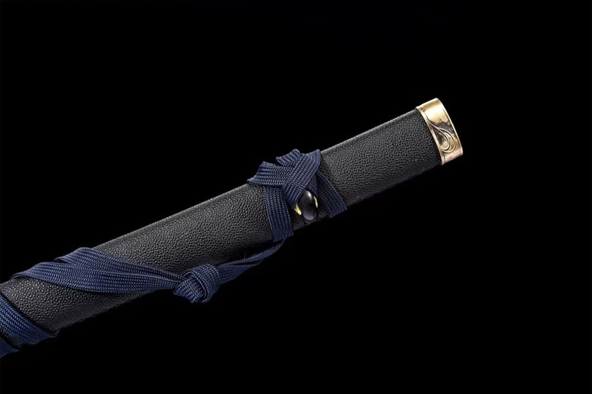 The Devil May Cry Extended Yamato Katana with the black saya and white double-line blade finish