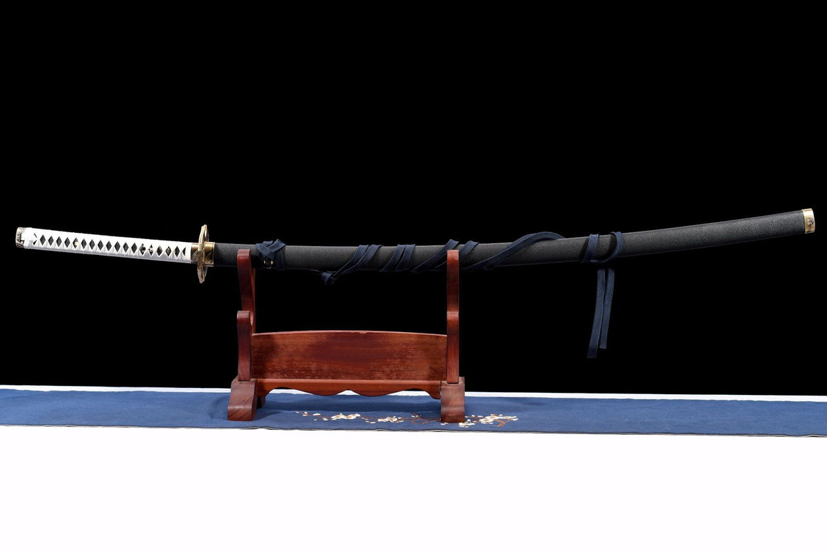 Extended Yamato Katana displayed sheathed with a long black saya and white handle