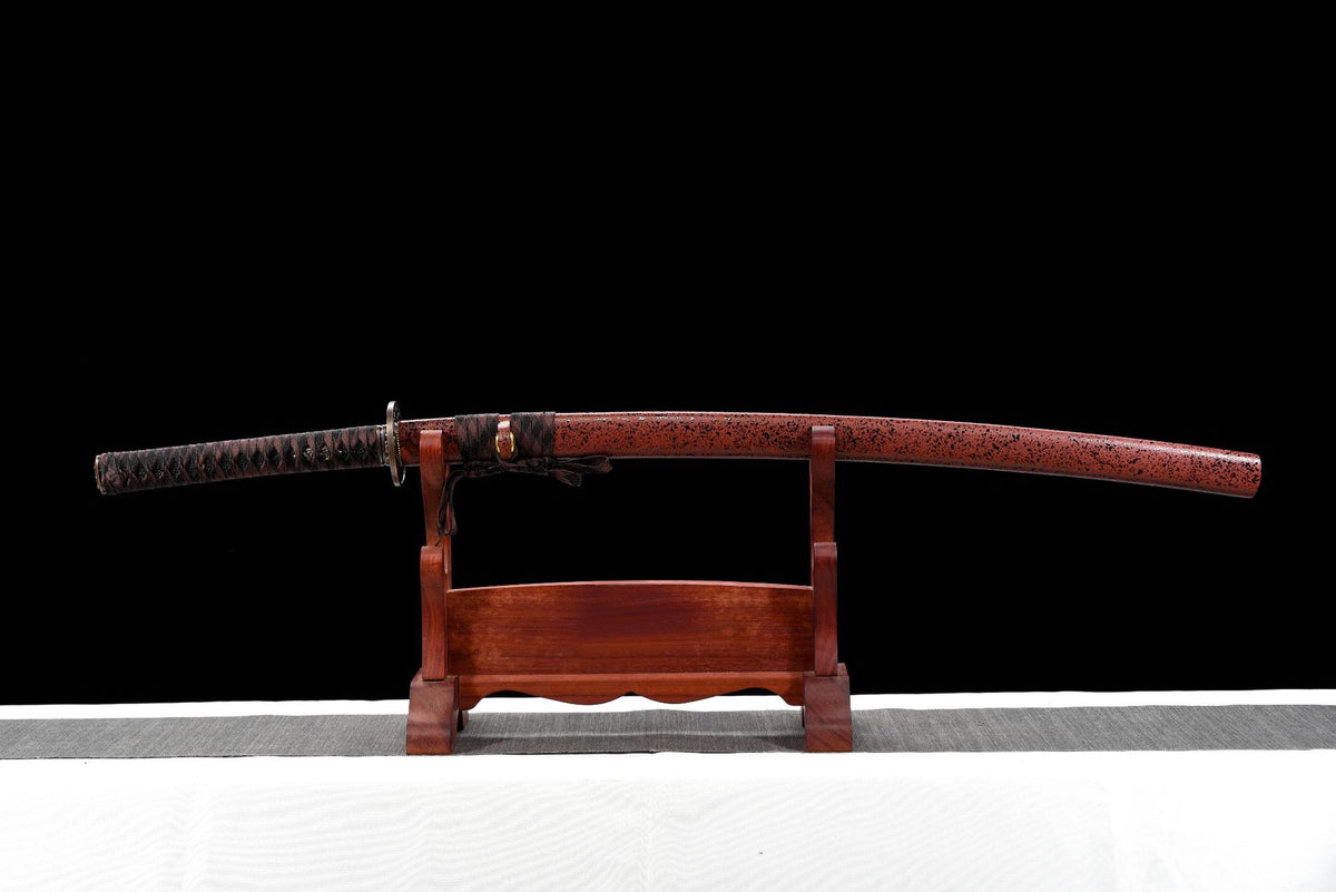 Night Current Katana displayed sheathed with a reddish-brown textured lacquered saya and dark handle wrap