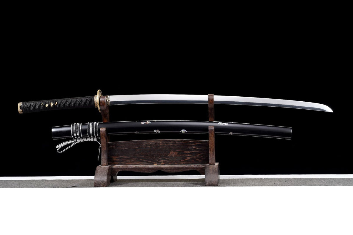 Twin Dragons Katana with a mirror-polished blade, black lacquered saya, and dark handle wrap