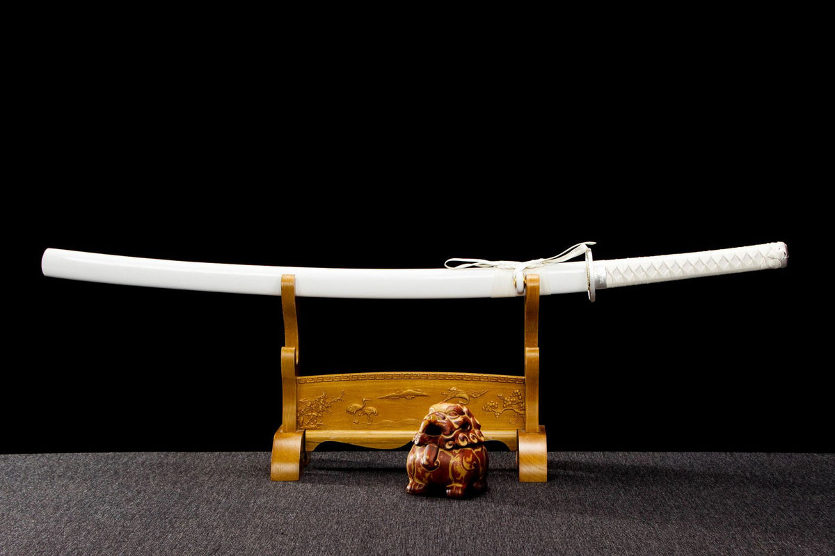 White Tide Katana displayed sheathed with a white handle, white saya, and gold-toned fittings