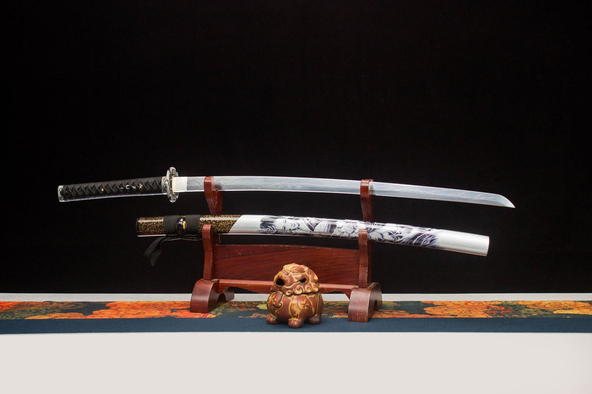 Moonlit Dragon Katana with a pale blade, black and white illustrated saya, and dark handle