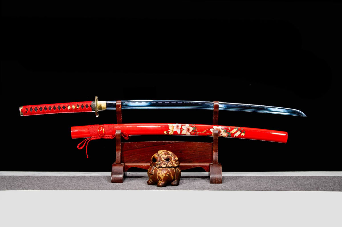 Crimson Blossom Katana with a blue blade, red floral saya, and dark handle
