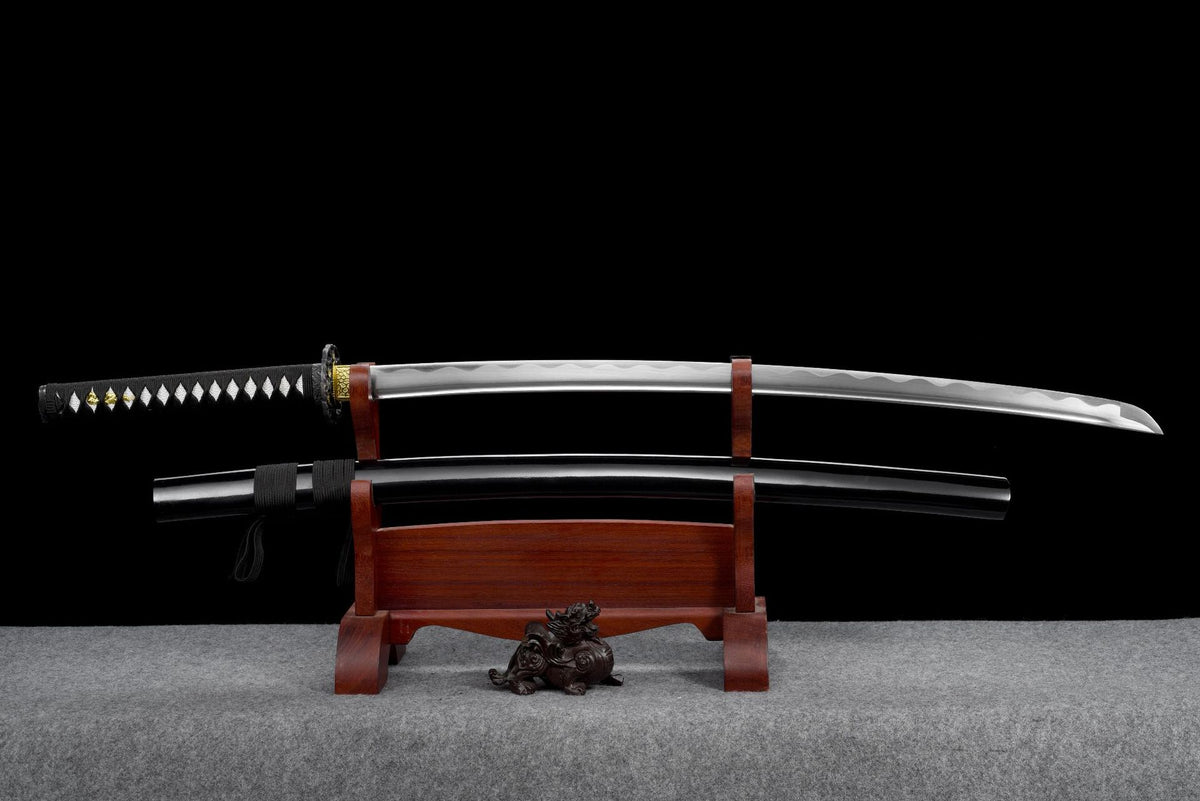 Kuro Katana with polished high-carbon-steel blade and black painted wood saya on display stand