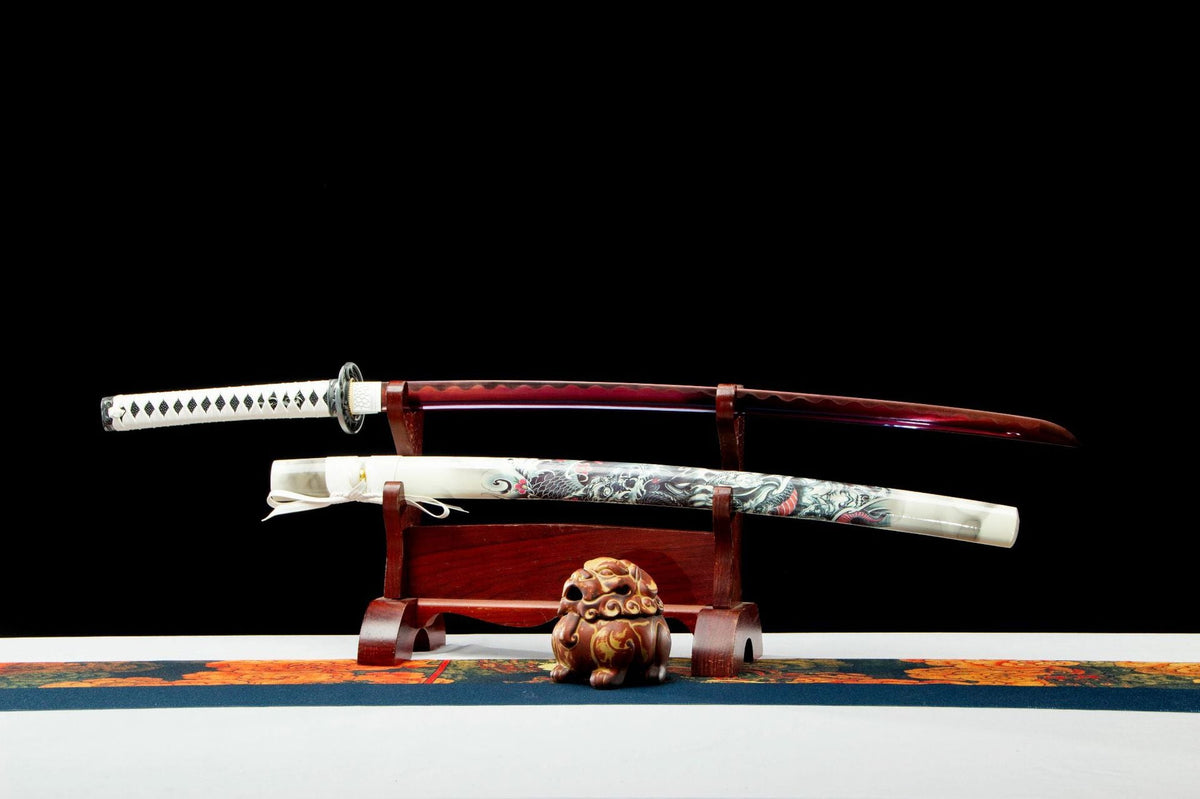 Clouded Dragon Katana displayed unsheathed with a polished blade and illustrated white saya