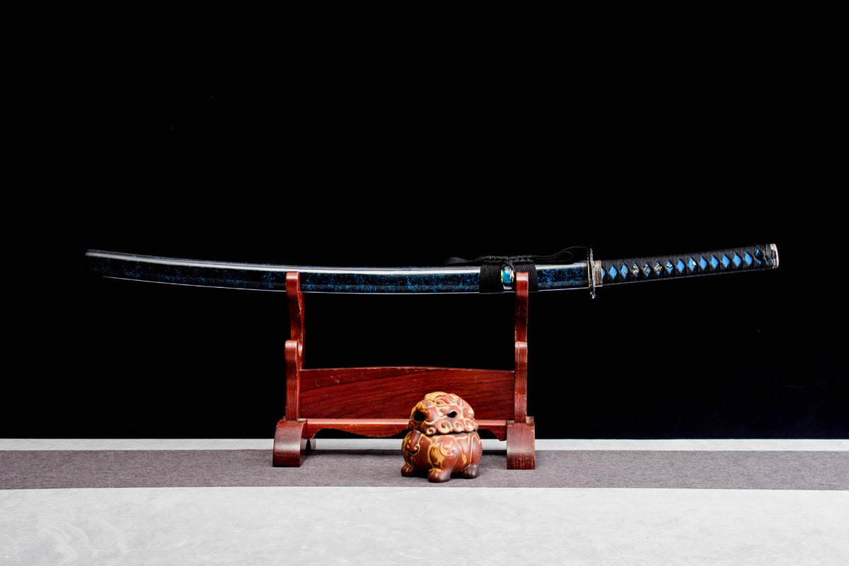 Cobalt Shadow Katana displayed sheathed with a blue-black saya and blue handle wrap
