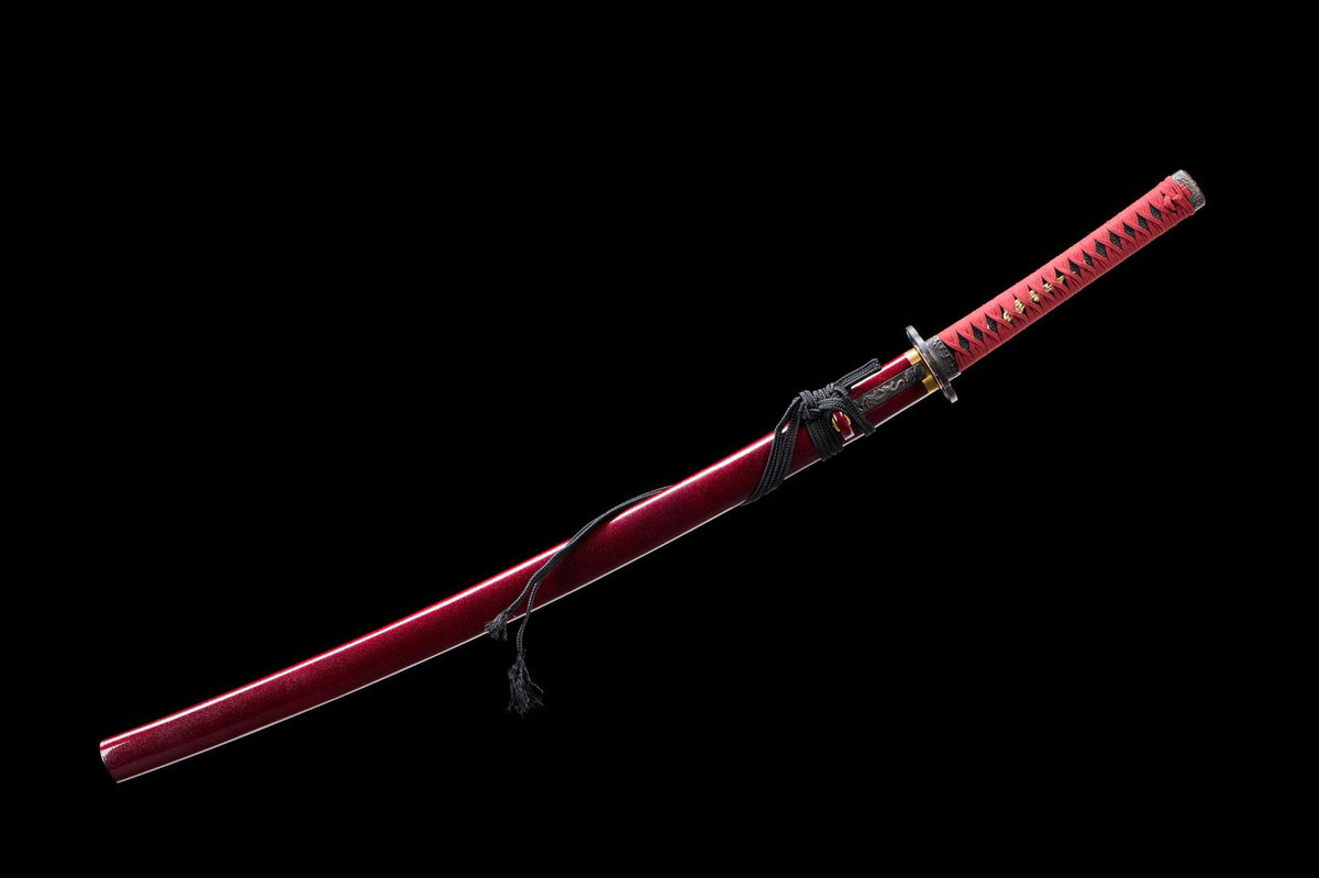 Cinnabar Katana in its red lacquer saya with matching tsuka wrap