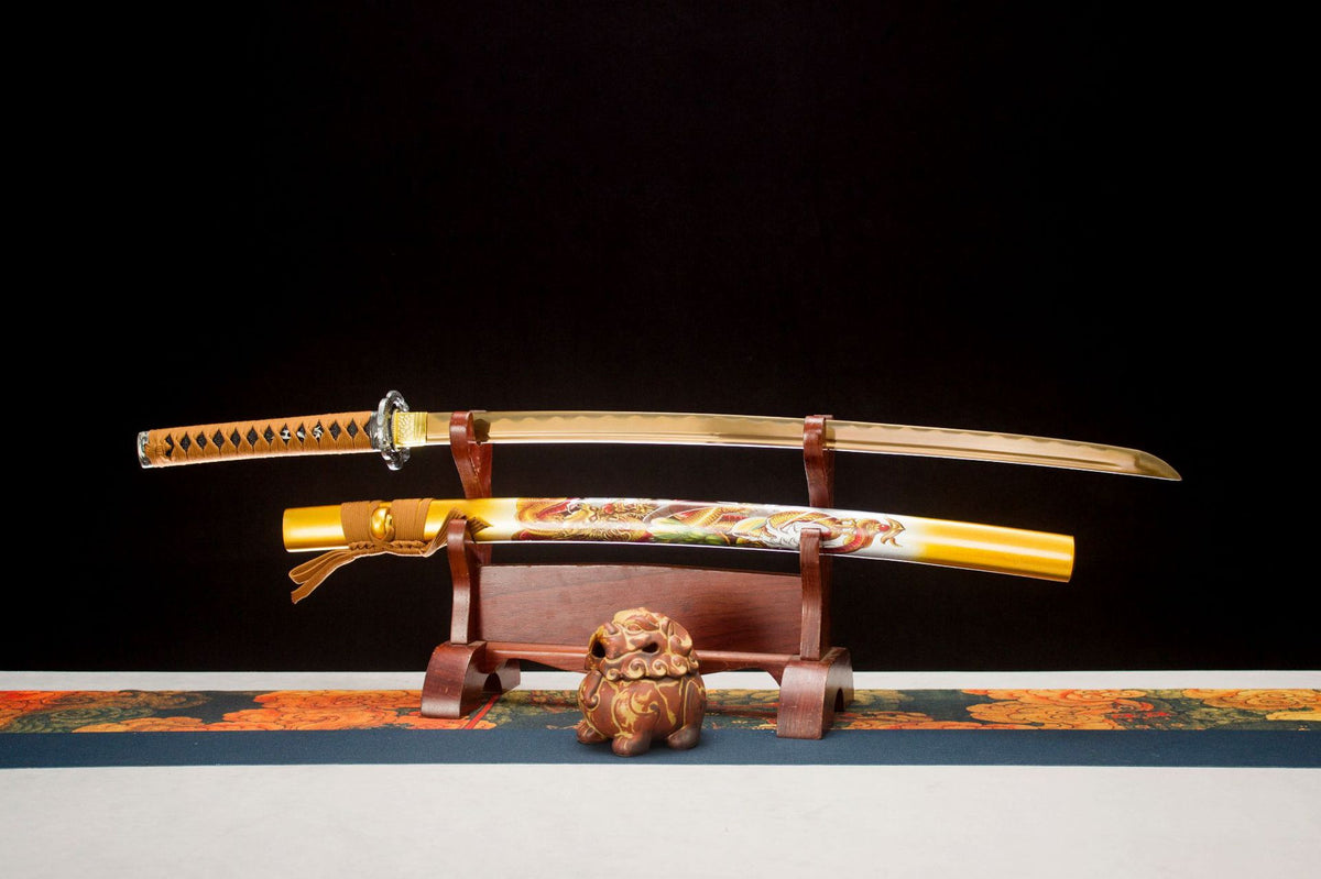 Full view of the Golden Dragon Katana with gold-finished blade and painted dragon scabbard