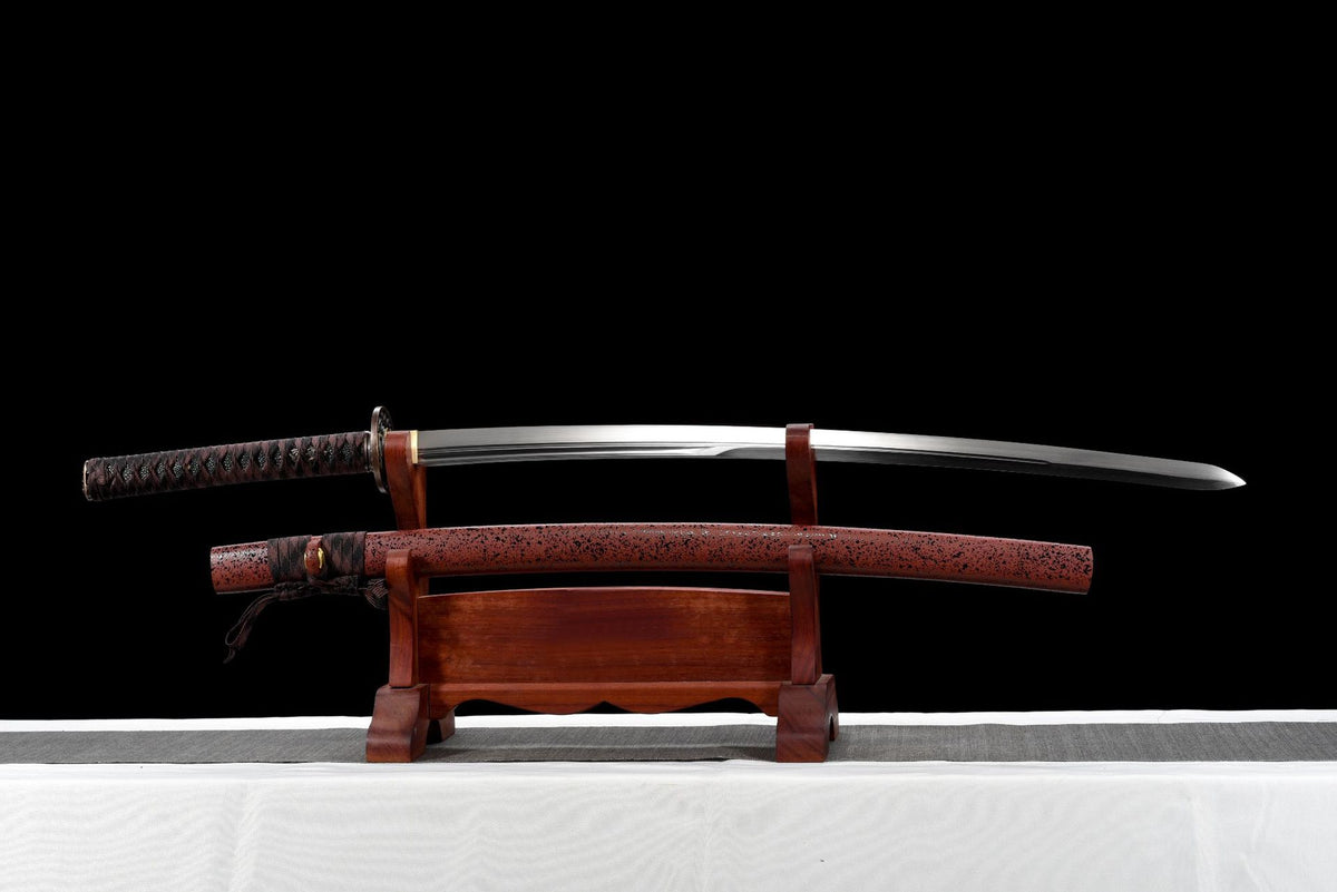 Night Current Katana with a polished blade, long bo-hi, dark handle, and reddish-brown textured saya