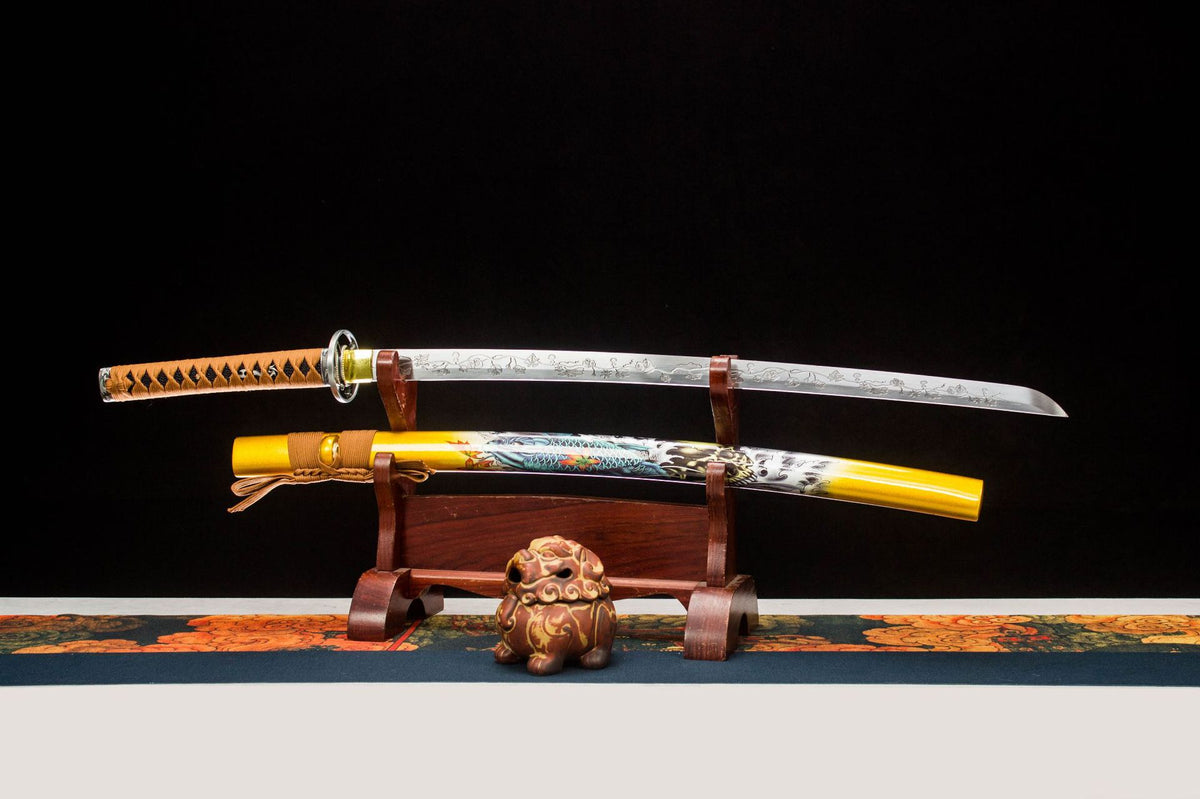 Aureate Koi Katana with a pale decorated blade, orange handle, and yellow koi-illustrated saya