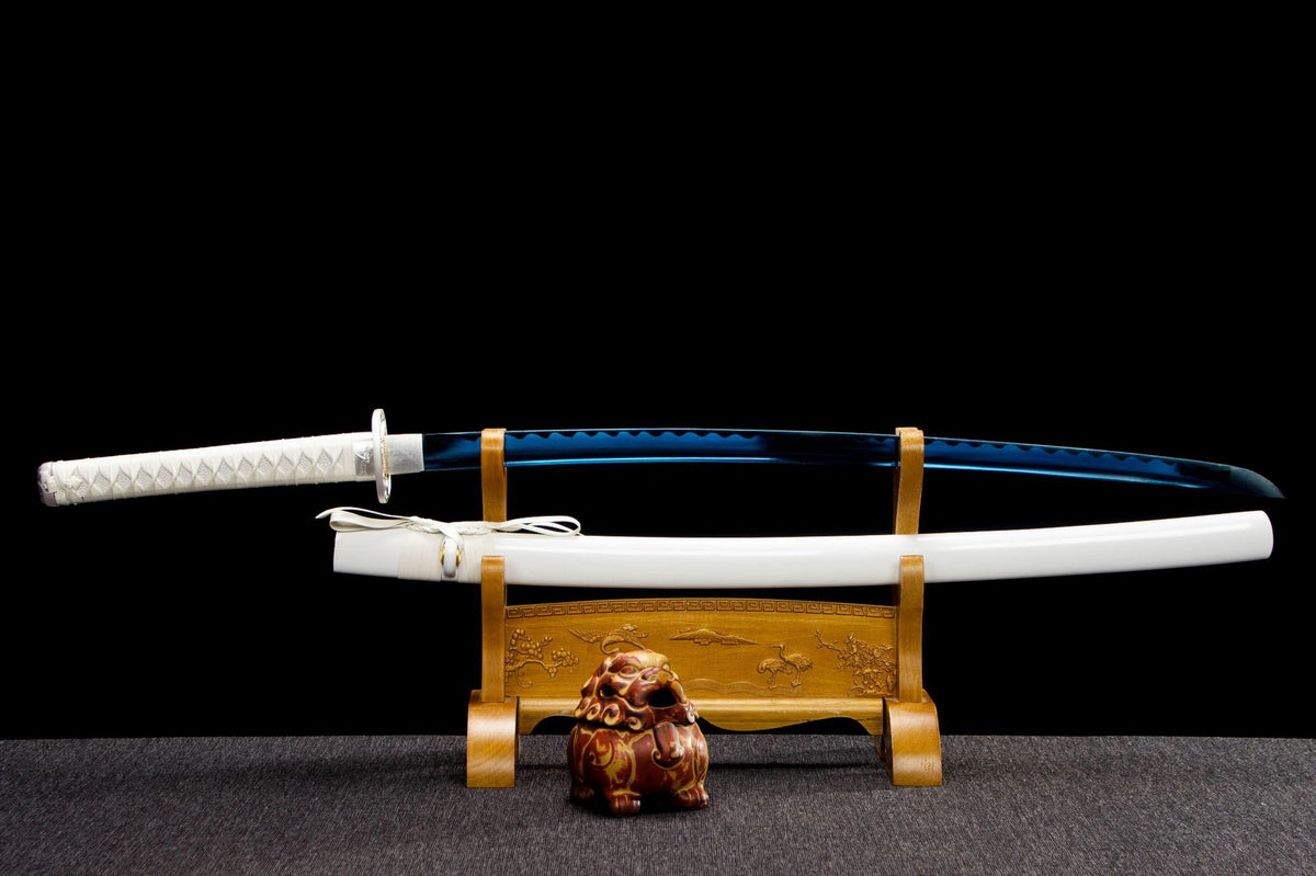 White Tide Katana with a blue-finished blade, white handle, and white lacquered saya