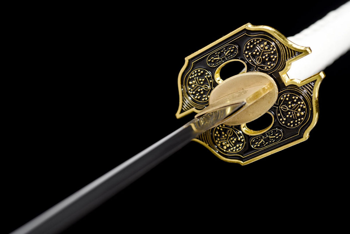 Detail view of the Devil May Cry Yamato Katana, showing the silver blade and white double-line finish