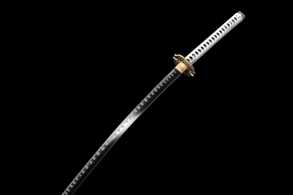 The Devil May Cry Extended Yamato Katana with the black saya and white double-line blade finish