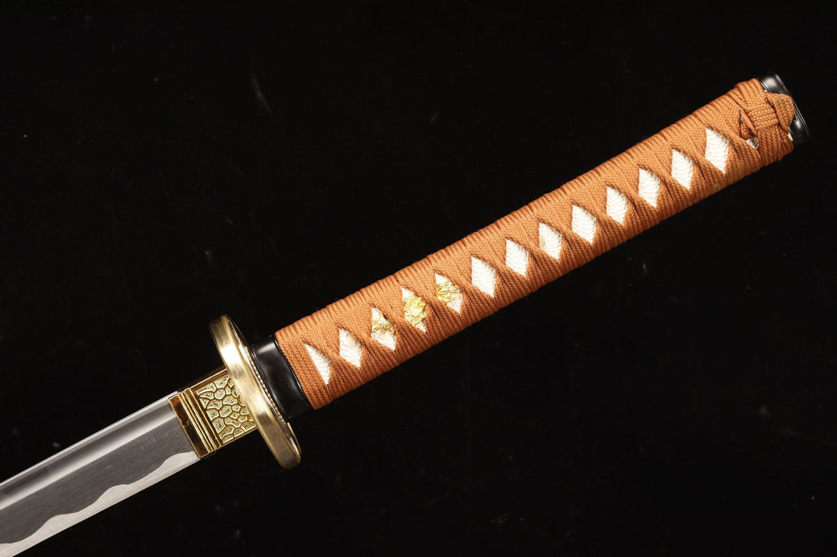 Brown-wrapped tsuka with white textured panels on the Aoi Crest Katana