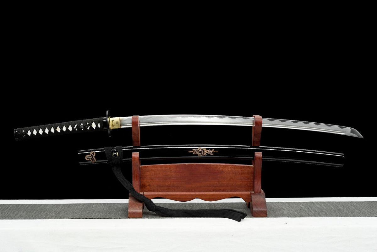 Kokuryu Katana with high-carbon steel blade and carved black lacquered saya