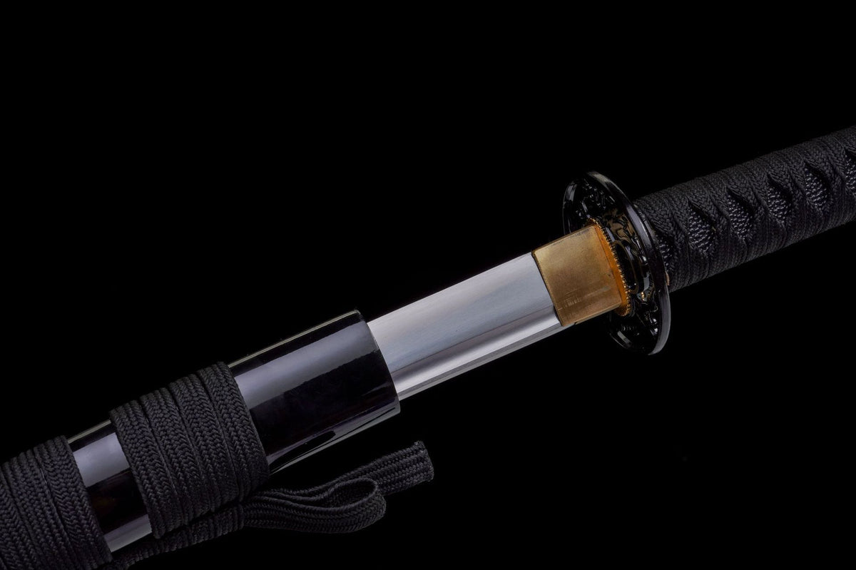 Black Maple Katana habaki, blade base, and lacquered saya