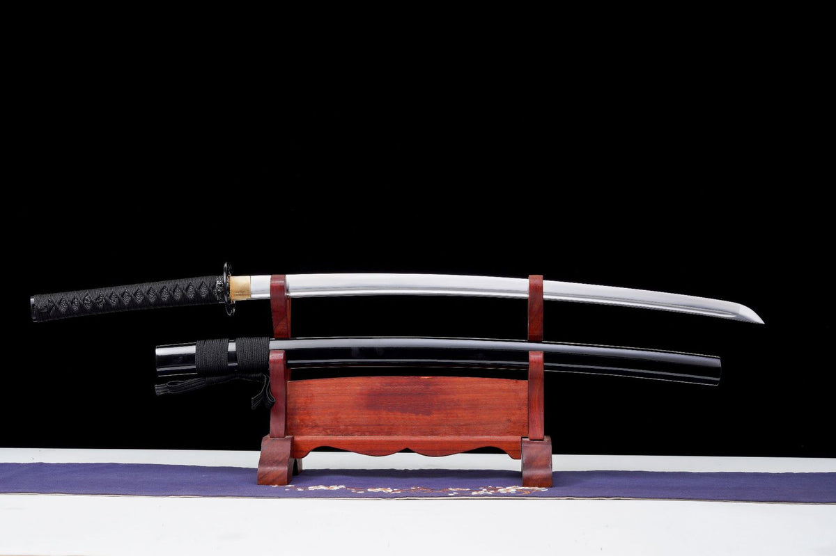 Black Maple Katana displayed unsheathed beside black saya