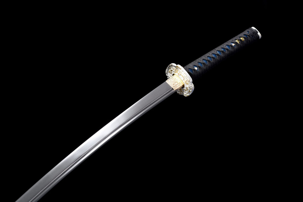 1045 carbon steel blade with long bo-hi and blue paneled tsuka