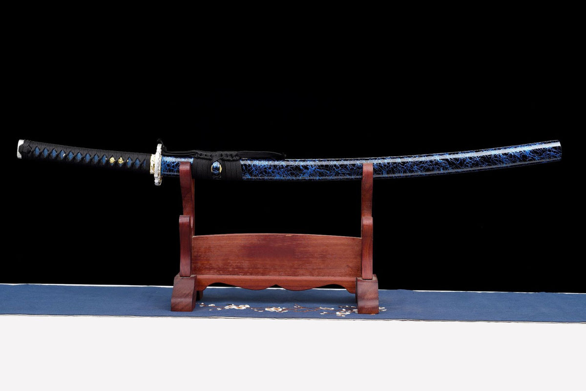 Sheathed Blue Crackle Katana with black wrapped handle and patterned wooden saya